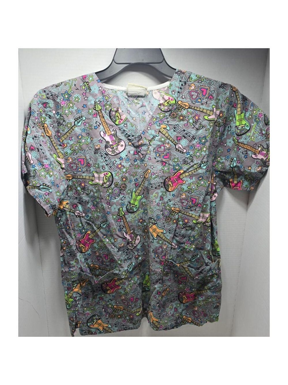 Women's Tafford Gray Multicolor Guitar Print Short Sleeve Scrub Top XL